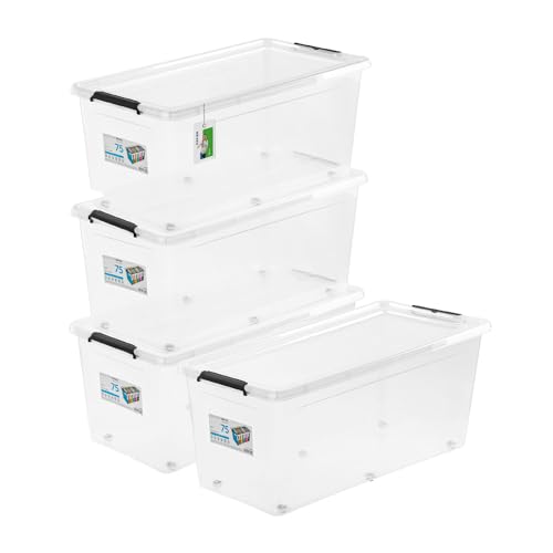 PAFEN 4x Aufbewahrungsbox auf Rollen 75,0L – 76 x 39 x 35 cm - SET Aufbewahrungsbehälter Transparent Boxen Aufbewahrung Stapelboxen mit Verschlussclips Kunststoffbehälter von PAFEN