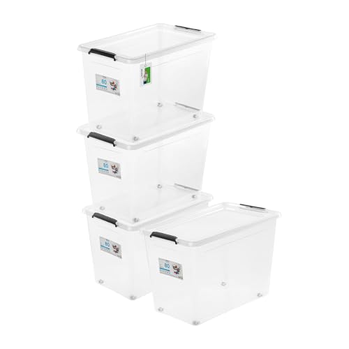 PAFEN 4x Aufbewahrungsbox auf Rollen 80,0L – 58 x 39 x 42 cm - SET Aufbewahrungsbehälter Transparent Boxen Aufbewahrung Stapelboxen mit Verschlussclips Kunststoffbehälter von PAFEN