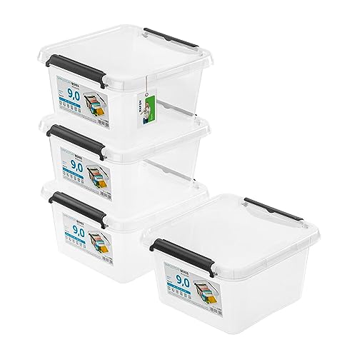 PAFEN 4x Aufbewahrungsbox mit Deckel 9,0L - 29 x 29 x 16,5 cm - SET Aufbewahrungsbehälter Transparent Boxen Aufbewahrung Stapelboxen mit Verschlussclips Kunststoffbehälter von PAFEN