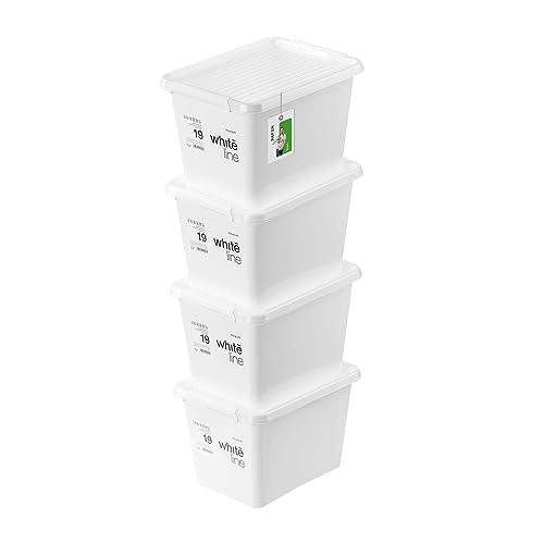 PAFEN 4x Aufbewahrungsbox mit Transparent Deckel 19L - 40 x 30 x 26 cm - Boxen Aufbewahrung Stapelboxen mit Verschlussclips Kunststoffbehälter Kleiderboxen Organizer | Weiß von PAFEN