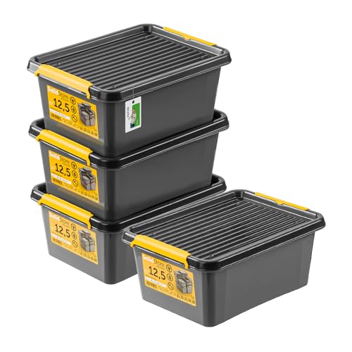 PAFEN 4x Robuster Aufbewahrungsbox 12,5L mit Deckel - 39 x 29 x 16,5 cm - Behälter für besondere Aufgaben Aufbewahrungsbehälter Boxen Aufbewahrung Stapelboxen mit Verschlussclips Kunststoffbehälter von PAFEN