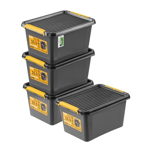 PAFEN 4x Robuster Aufbewahrungsbox 15,5L mit Deckel - 39 x 29 x 21,5 cm - Behälter für besondere Aufgaben Aufbewahrungsbehälter Boxen Aufbewahrung Stapelboxen mit Verschlussclips Kunststoffbehälter von PAFEN