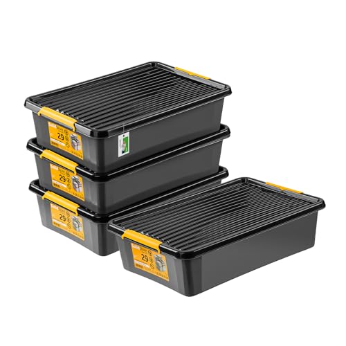 PAFEN 4x Robuster Aufbewahrungsbox 32L mit Rollen - 59 x 39 x 16 cm - Behälter für besondere Aufgaben Aufbewahrungsbehälter Boxen Aufbewahrung Stapelboxen mit Verschlussclips Kunststoffbehälter von PAFEN