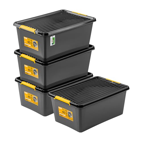 PAFEN 4x Robuster Aufbewahrungsbox 40L mit Rollen - 58 x 39 x 25 cm - Behälter für besondere Aufgaben Aufbewahrungsbehälter Boxen Aufbewahrung Stapelboxen mit Verschlussclips Kunststoffbehälter von PAFEN