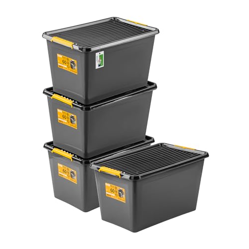PAFEN 4x Robuster Aufbewahrungsbox 55L mit Rollen - 58 x 39 x 35 cm - Behälter für besondere Aufgaben Aufbewahrungsbehälter Boxen Aufbewahrung Stapelboxen mit Verschlussclips Kunststoffbehälter von PAFEN