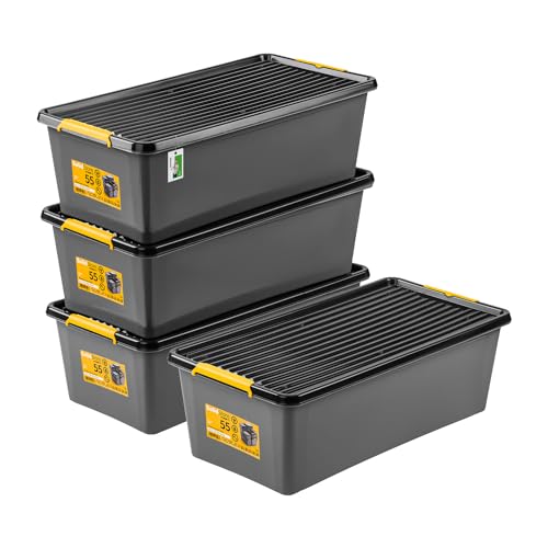 PAFEN 4x Robuster Aufbewahrungsbox 55L mit Rollen - 76 x 39 x 25 cm - Behälter für besondere Aufgaben Aufbewahrungsbehälter Boxen Aufbewahrung Stapelboxen mit Verschlussclips Kunststoffbehälter von PAFEN
