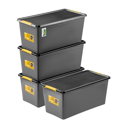 PAFEN 4x Robuster Aufbewahrungsbox 75L mit Rollen - 76 x 39 x 35 cm - Behälter für besondere Aufgaben Aufbewahrungsbehälter Boxen Aufbewahrung Stapelboxen mit Verschlussclips Kunststoffbehälter von PAFEN