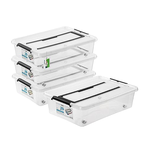 PAFEN 4x Unterbettkommode Aufbewahrungsbox 29L mit Rollen und Griff - 38,5 x 16 x 57,5 cm - Transparent Boxen Aufbewahrung Stapelboxen mit Verschlussclips Kunststoffbehälter von PAFEN