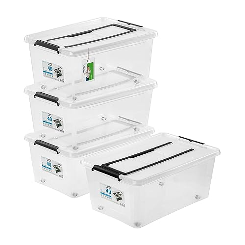 PAFEN 4x Unterbettkommode Aufbewahrungsbox 40L mit Rollen und Griff - 38,5 x 25 x 58 cm - Transparent Boxen Aufbewahrung Stapelboxen mit Verschlussclips Kunststoffbehälter von PAFEN