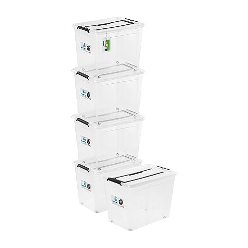 PAFEN 5x Aufbewahrungsbox 80L mit Rollen und Griff - 39 x 43 x 58 cm - Transparent Boxen Aufbewahrung Stapelboxen mit Verschlussclips Kunststoffbehälter von PAFEN