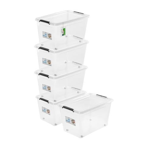 PAFEN 5x Aufbewahrungsbox auf Rollen 60,0L – 58 x 39 x 35 cm - SET Aufbewahrungsbehälter Transparent Boxen Aufbewahrung Stapelboxen mit Verschlussclips Kunststoffbehälter von PAFEN