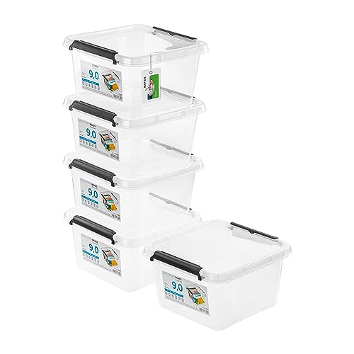 PAFEN 5x Aufbewahrungsbox mit Deckel 9,0L - 29 x 29 x 16,5 cm - SET Aufbewahrungsbehälter Transparent Boxen Aufbewahrung Stapelboxen mit Verschlussclips Kunststoffbehälter von PAFEN