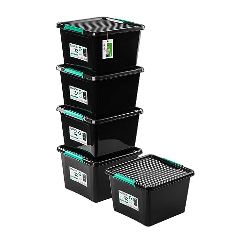 PAFEN 5x Aufbewahrungsbox mit Deckel Öko-Linie 32L - 39,5 x 39,5 x 26 cm - Boxen Aufbewahrung Stapelboxen mit Verschlussclips Kunststoffbehälter Kleiderboxen Organizer | Schwarz von PAFEN