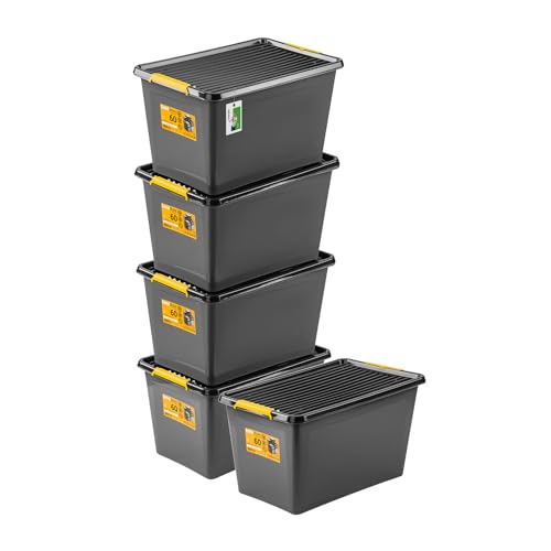 PAFEN 5x Robuster Aufbewahrungsbox 55L mit Rollen - 58 x 39 x 35 cm - Behälter für besondere Aufgaben Aufbewahrungsbehälter Boxen Aufbewahrung Stapelboxen mit Verschlussclips Kunststoffbehälter von PAFEN