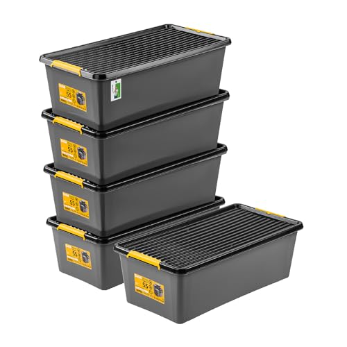 PAFEN 5x Robuster Aufbewahrungsbox 55L mit Rollen - 76 x 39 x 25 cm - Behälter für besondere Aufgaben Aufbewahrungsbehälter Boxen Aufbewahrung Stapelboxen mit Verschlussclips Kunststoffbehälter von PAFEN