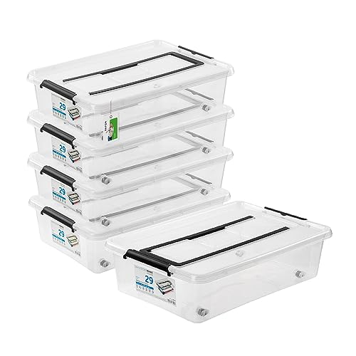 PAFEN 5x Unterbettkommode Aufbewahrungsbox 29L mit Rollen und Griff - 38,5 x 16 x 57,5 cm - Transparent Boxen Aufbewahrung Stapelboxen mit Verschlussclips Kunststoffbehälter von PAFEN