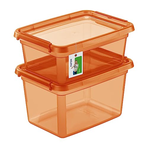 PAFEN Aufbewahrungsbox mit Deckel SET 2 Größen 12,5L + 15L - Boxen Aufbewahrung Stapelboxen mit Verschlussclips Kunststoffbehälter Kleiderboxen Transparent Organizer | Orange von PAFEN