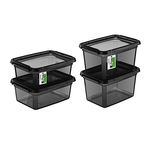 PAFEN Aufbewahrungsbox mit Deckel SET 2 Größen 2x 12,5L + 2x 15L - Boxen Aufbewahrung Stapelboxen mit Verschlussclips Kunststoffbehälter Kleiderboxen Transparent Organizer | Schwarz von PAFEN