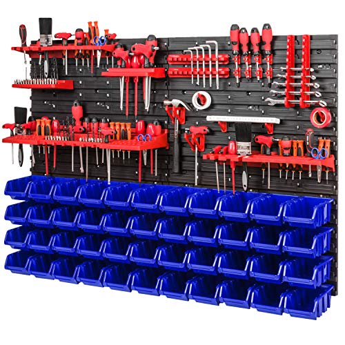 PAFEN Lagersystem Werkstattregal - 1152 mm x 780 mm - Wandregal mit 44 Stück Blau Stapelboxen und Rot Werkzeughalter - Schüttenregal Wandplatten Extra Starke System von PAFEN