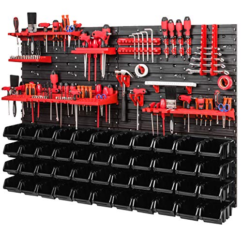 PAFEN Lagersystem Werkstattregal - 1152 mm x 780 mm - Wandregal mit 44 Stück Schwarz Stapelboxen und Werkzeughalter - Schüttenregal Wandplatten Extra Starke System von PAFEN