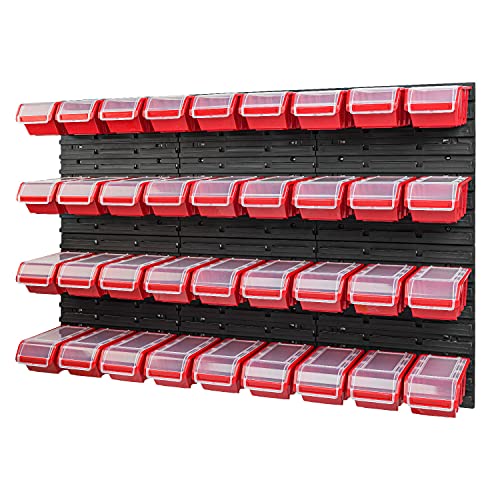 PAFEN Stapelbox Wandregal - 1158 x 780 mm - Lagersystem 36 Stück Boxen mit Deckel - Lagerregal Sichtlagerkästen Schüttenregal, Rot von PAFEN