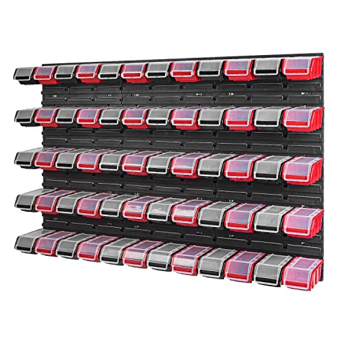 PAFEN Stapelbox Wandregal - 1158 x 780 mm - Lagersystem 60 Stück Boxen mit Deckel - Lagerregal Sichtlagerkästen Schüttenregal, Rot/Schwarz von PAFEN