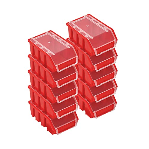 PAFEN Stapelboxen Set – 10x Stapelbox mit Deckel 160 x 75 x 115 mm – Sichtbox Stapelbox für Werkzeugwand Lagerbox, Rot von PAFEN