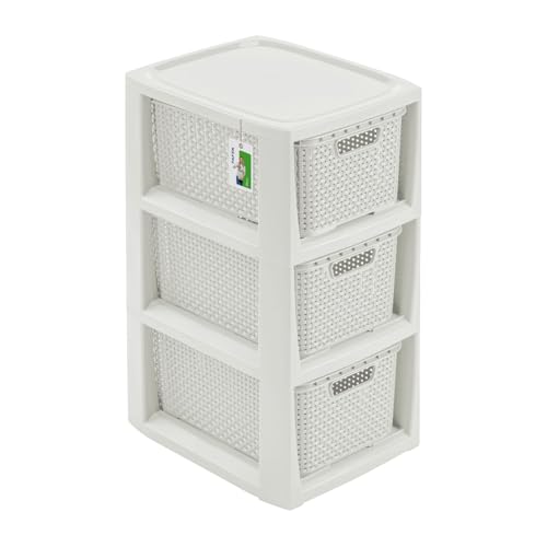 PAFEN Universelles Regal mit Körben Rattan-Optik - 25 x 48,5 x 29 cm - leichtes Aufbewahrungsregal aus Kunststoff für Bad Haushalt Kinderzimmer – mobil pflegeleicht ohne Bohren, 3 Körben, Weiß PAFEN Universelles Regal mit Körben Rattan-Optik - 25 x 48,5 x 29 cm - leichtes Aufbewahrungsregal aus Kunststoff für Bad Haushalt Kinderzimmer – mobil pflegeleicht ohne Bohren, 3 Körben, Weiß von PAFEN