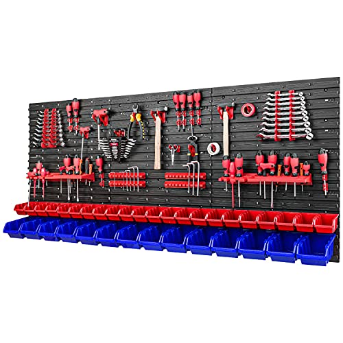 PAFEN Werkzeugwand Stapelboxen 1728 x 780 mm - Lagersystem Set Werkzeughaltern und 36 Stück Box - Wandregal Werkstattregal Lochwand Schüttenregal Sichtlagerkästen, Rot/Blau von PAFEN