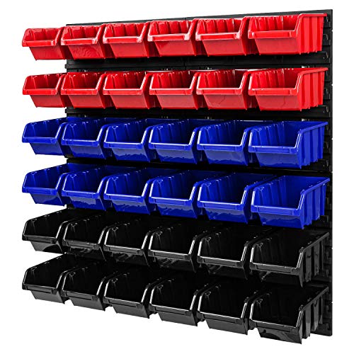 Stapelboxen Lagersystem - 772 x 780 mm - Wandregal 36 Stück Boxen Werkzeuglochwand Schüttenregal (Rot/Blau/Schwarz) von PAFEN