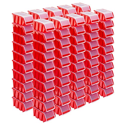 Stapelboxen Set – 100x Stapelbox mit Deckel 155x100x70 mm – Sichtbox Stapelbox Lagerbox, Rot von PAFEN