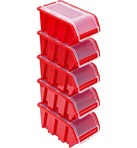 Stapelboxen Set – 5x Stapelbox mit Deckel 195x120x90 mm – Sichtbox Stapelbox Lagerbox, Rot von PAFEN