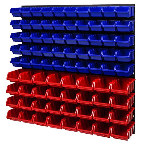 Stapelboxen Wandregal 772 x 780 mm - Lagersystem Sichtlagerkästen Schüttenregal - Wandplatten 82 Stück Blau/Rot Boxen von PAFEN