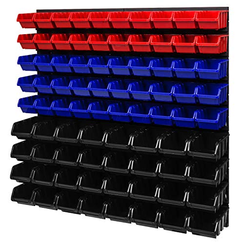 PAFEN Stapelboxen Wandregal 772 x 780 mm - Lagersystem Sichtlagerkästen Schüttenregal - Wandplatten 82 Stück Boxen (Rot/Blau/Schwarz) von PAFEN