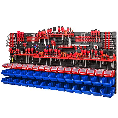 Werkzeugwand Lagersystem - 1728 x 780 mm - Lochwand SET mit Werkzeughaltern und Stapelboxen mit Deckel - Wandregal Werkstattregal Schüttenregal Sichtlagerkästen (Blau/Rot) von PAFEN