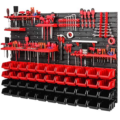 Werkzeugwand Lagersystem Stapelboxen - Wandregal mit 44 Stück Stapelboxen und Werkzeughalter - Werkstattregal Schüttenregal Wandplatten von PAFEN