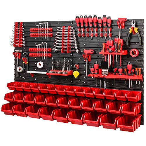 Werkzeugwand Stapelboxen 1152 x 780 mm - Lagersystem SET Werkzeughaltern und 34 Stück Box - Wandregal Werkstattregal Lochwand Schüttenregal Sichtlagerkästen, Rot von PAFEN