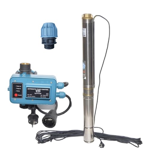 PAG Turbo GmbH® - Hochwertige Tiefbrunnenpumpe sandverträglich bis 5% 3000 bis 6000L/h - Druck 6-7,7bar mit Pumpensteuerung und Klemmfitting für PE-Rohr (3"STM20 + PC-20P + Klemmfitting) von PAG Turbo GmbH
