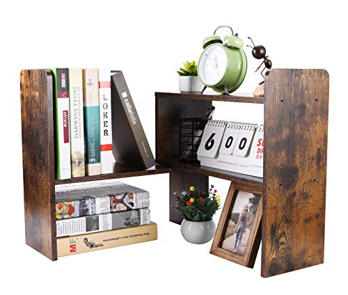 PAG Desktop Kleines Regal Einstellbare Holz Bücherregal Klein,Schreibtisch Organizer und Zubehör Display Rack, Für Büro, Schule und Zuhause,Retro Braun von PAG