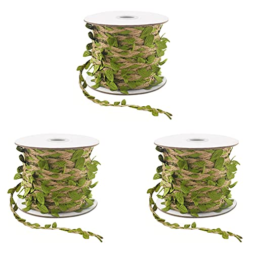 PAGJHRFJG 3X Natürliche Schnur 5MM Hessische Schnur mit Künstlichen Blättern Schnur für DIY Geschenk Verpackung Hochzeits Garten (32.8FT) von PAGJHRFJG