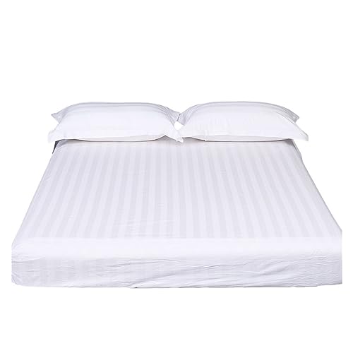 Bettlaken 100% Baumwolle Weiße Luxuriöse Hotelbettwäsche Spannbetttuch Mit Edlen Damast-Streifen Spannbettlaken Bis 25cm Topperhöhe (Color : White, Size : 150x200+25 cm) von PAHION