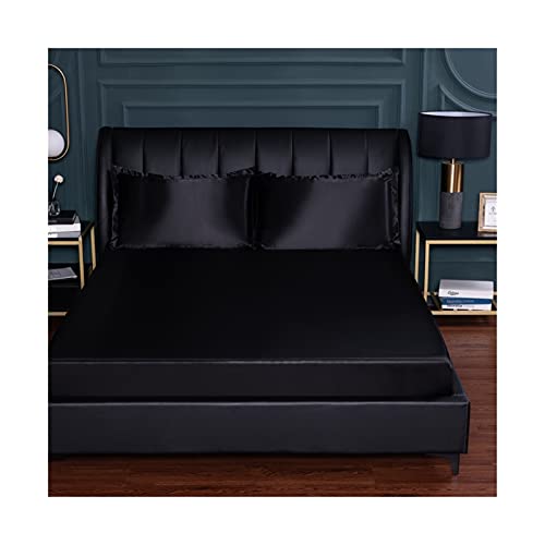 Sommer Spannbettlaken 150x200-180x200-200x220cm Bettlaken Glatter Eisseidenstoff Satin Einfarbig Laken 25cm tief Natürliche Kühle Spannbetttuch (Color : Black, Size : 150x200+25 cm) von PAHION