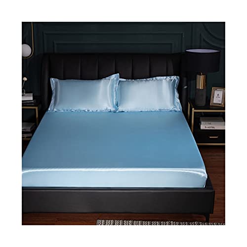 Sommer Spannbettlaken 150x200-180x200-200x220cm Bettlaken Glatter Eisseidenstoff Satin Einfarbig Laken 25cm tief Natürliche Kühle Spannbetttuch (Color : Blue A, Size : 180x200+25 cm) von PAHION