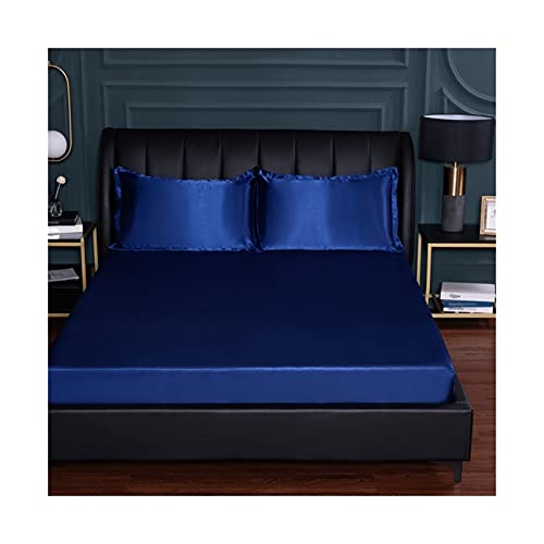 Sommer Spannbettlaken 150x200-180x200-200x220cm Bettlaken Glatter Eisseidenstoff Satin Einfarbig Laken 25cm tief Natürliche Kühle Spannbetttuch (Color : Blue C, Size : 200x220+25 cm) von PAHION