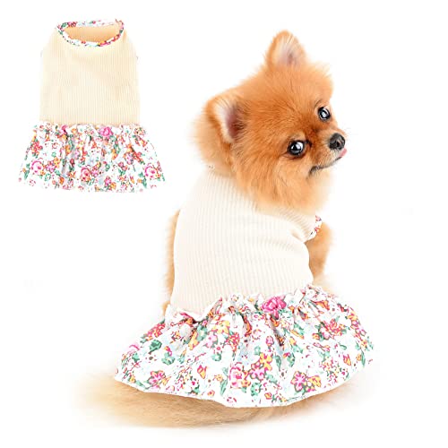 PAIDEFUL Hundeblumenkleid für Kleine Mittelgroße Hunde Katzen Mädchen Weiche Baumwollweste Rüschenrock Atmungsaktive Tanktops Welpen Chihuahua Yorkie Kleidung Haustier Frühling Sommer Trägt Beige M von PAIDEFUL