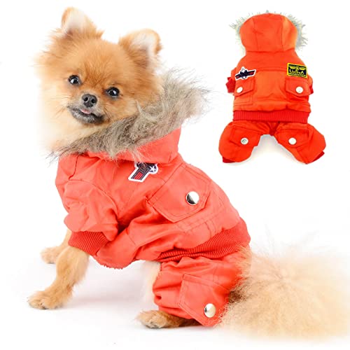 PAIDEFUL Wasserdichter Fleece Gefütterter Hundewintermantel Warmer Schneeanzug Flieger Kapuzen Overall Schneeanzüge für Kleine Hundewelpen Chihuahua Wandern bei Kaltem Wetter Rot XS von PAIDEFUL