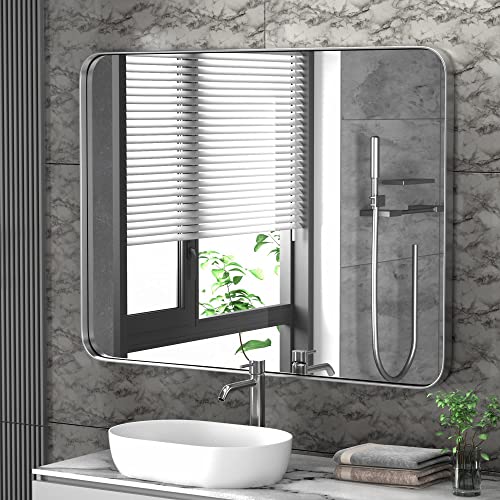 PAIHOME 55.9x76.2 cm, gebürstetes Silber, Badezimmerspiegel für Wand, 304 Edelstahlrahmen, Kosmetikspiegel, abgerundete Ecken, vertikal oder horizontal hängend, moderner Spiegel von PAIHOME