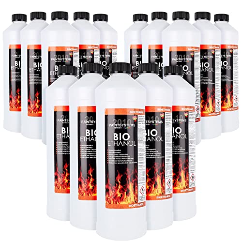 Bio Alkohol 100% 15 x x 1 Liter - BIOETHANOL für Alkohol-Kamine, Tischfeuer, Ethanolkamine, Alkoholbrenner, Terrassenfeuer, Raumfeuer, Standfeuer oder Gartenfeuer von PAINTSYSTEMS REFINISH COLOURS