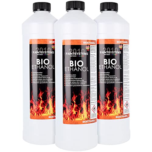 Bio Alkohol 100% 3 x 1 Liter - BIOETHANOL für Alkohol-Kamine, Tischfeuer, Ethanolkamine, Alkoholbrenner, Terrassenfeuer, Raumfeuer, Standfeuer oder Gartenfeuer von PAINTSYSTEMS REFINISH COLOURS