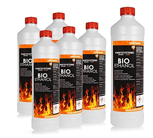 Bio Alkohol 100% 6 x 1 Liter - BIOETHANOL für Alkohol-Kamine, Tischfeuer, Ethanolkamine, Alkoholbrenner, Terrassenfeuer, Raumfeuer, Standfeuer oder Gartenfeuer von PAINTSYSTEMS REFINISH COLOURS